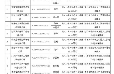 人力資源和社會保障部公布一批拖欠農(nóng)民工工資失信聯(lián)合懲戒對象名單